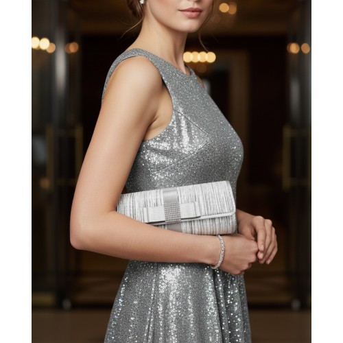 Evening Bag - Pleated Clutch w/ Metal Mesh Accent Bow Flap - Silver - BG-92055S